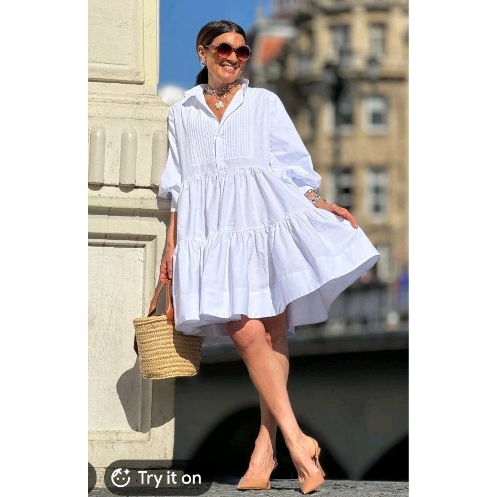 Marielle Almelo Stokkelaar Dress Cecilia White One Size Fits All Cotton Poplin